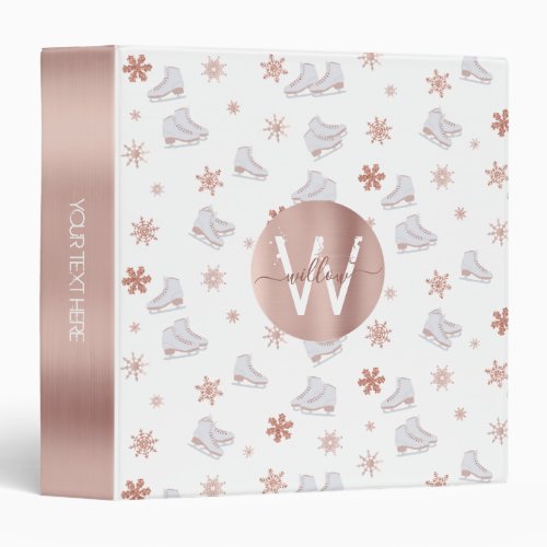 Rose Gold Ice Skates Blush Pink Skating Monogram 3 Ring Binder