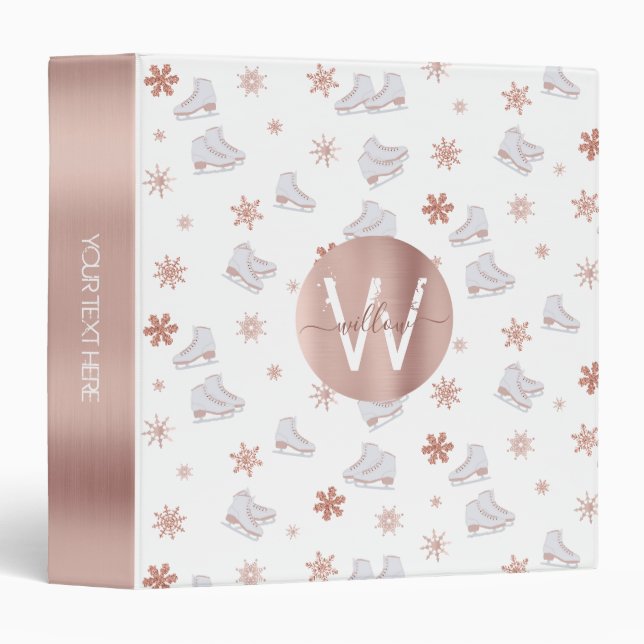 Rose Gold Ice Skates Blush Pink Skating Monogram 3 Ring Binder (Front/Spine)