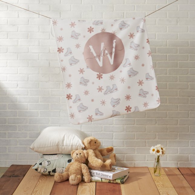 Rose Gold Ice Skates Blush Pink Skating Monogram Baby Blanket (In Situ)