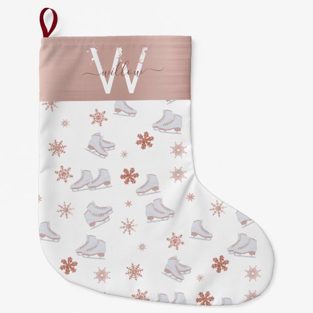 Rose Gold Ice Skates Blush Pink Skating Monogram Large Christmas Stocking (Front)