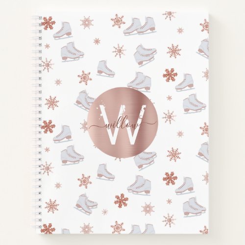 Rose Gold Ice Skates Blush Pink Skating Monogram Notebook