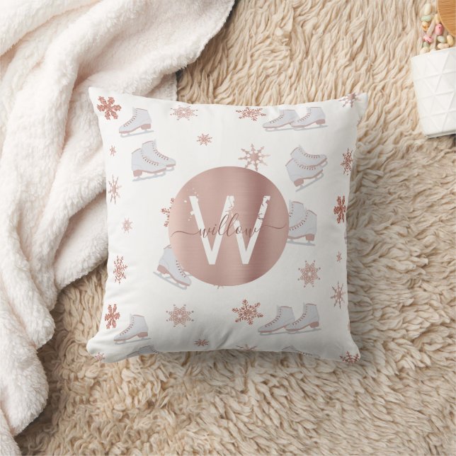 Rose Gold Ice Skates Blush Pink Skating Monogram Throw Pillow (Blanket)