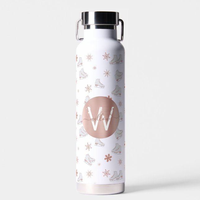 Rose Gold Ice Skates Blush Pink Skating Monogram Water Bottle (Front)