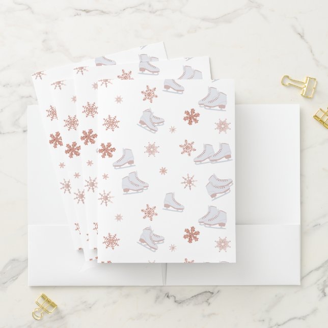Rose Gold Ice Skates Blush Pink Skating Pattern Pocket Folder (In Situ)