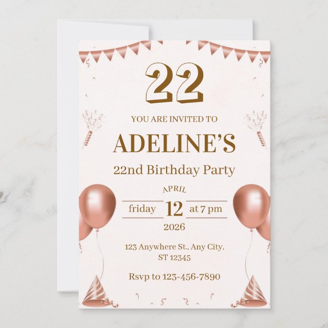 Rose Gold Illustrated 22nd Birthday Invitation (Front)