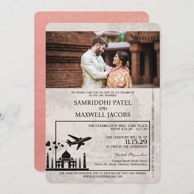 Rose Gold India Passport Wedding Invitation (Front/Back)