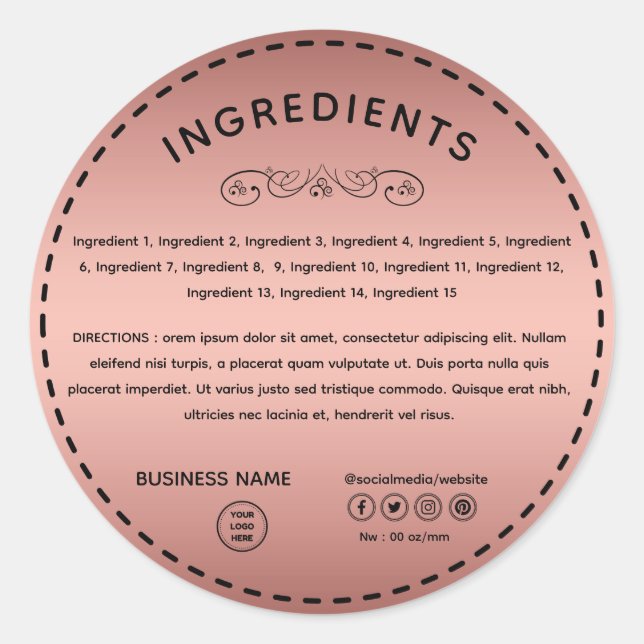 Rose Gold Ingredient Direction Logo Product Label (Front)