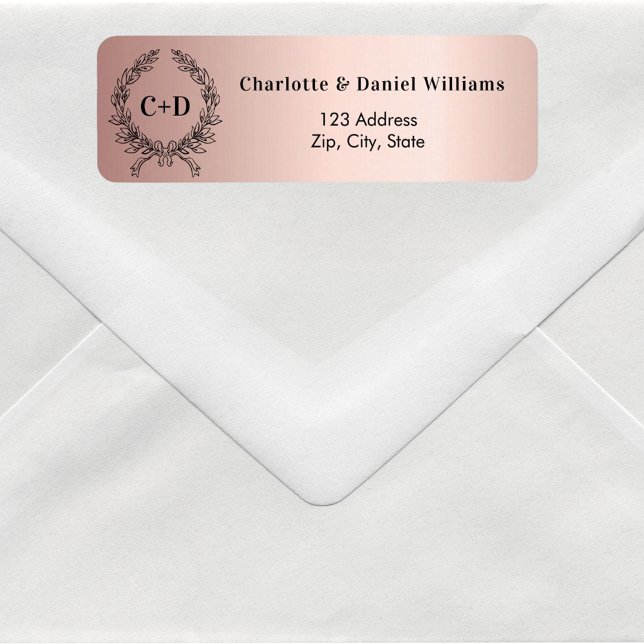 Rose gold initials wreath wedding return address label (Creator Uploaded)