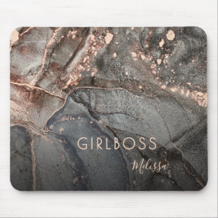 Rose Gold Ink Marble Girlboss Name Mouse Pad