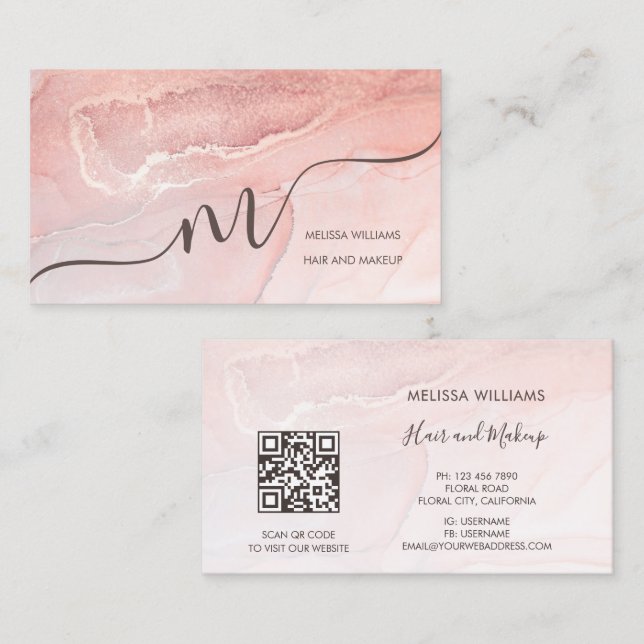 Rose Gold  Ink Marble | QR Code Business Card (Front/Back)