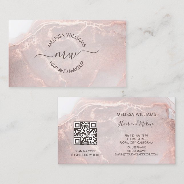 Rose Gold  Ink Marble | QR Code Business Card (Front/Back)