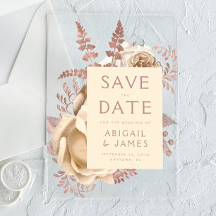 Rose Gold Ivory Cream Floral Wedding Save the Date Acrylic Invitations