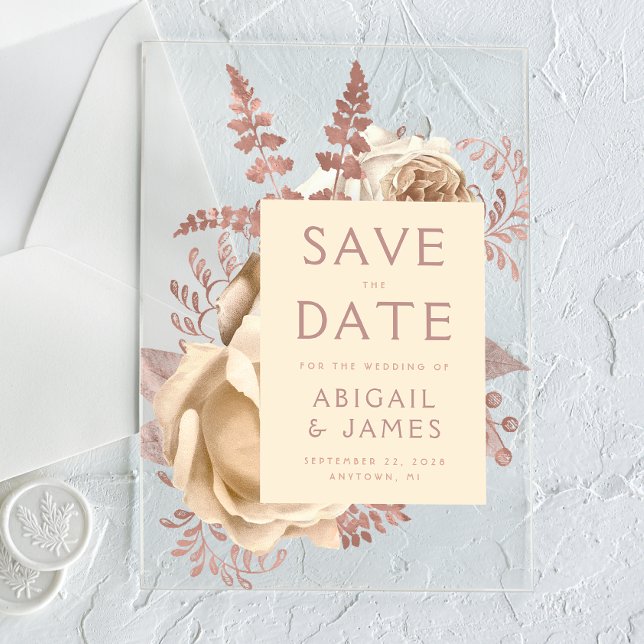 Rose Gold Ivory Cream Floral Wedding Save the Date Acrylic Invitations (Creator Uploaded)