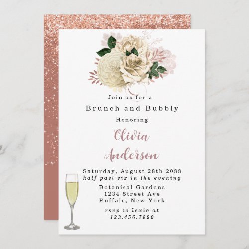 Rose Gold Ivory Rose Glitter Brunch and Bubbly Inv Invitation