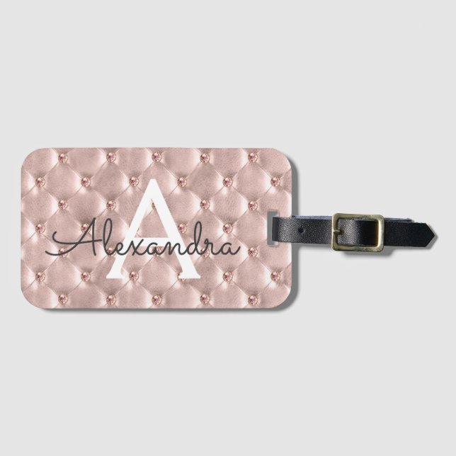 Rose Gold Jeweled Classic Monogram Name Luggage Tag (Front Horizontal)