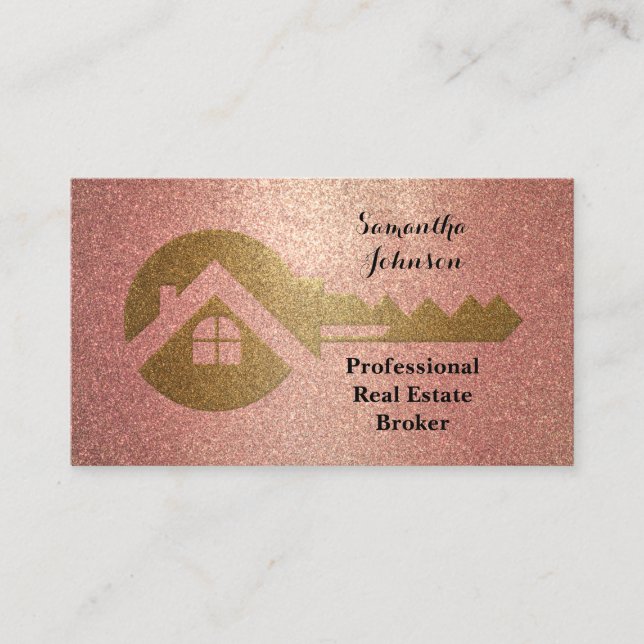 Rose Gold Key Real Estate Broker Business Card (Front)