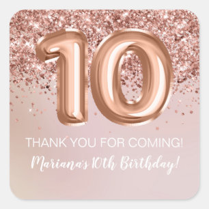 Rose Gold Kids Girl 10th Birthday Party Favor Square Sticker