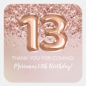 Rose Gold Kids Girl 13th Birthday Party Favor Square Sticker by WittyPrintables at Zazzle