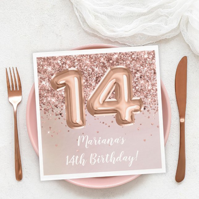  Rose Gold Kids Girl 14th Birthday Party Napkins (Creator Uploaded)