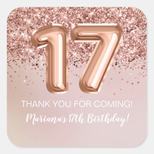 Rose Gold Kids Girl 17th Birthday Party Favor Square Sticker