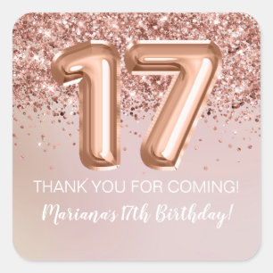 Rose Gold Kids Girl 17th Birthday Party Favor Square Sticker