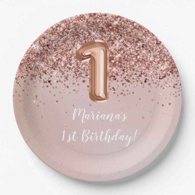  Rose Gold Kids Girl 1st Birthday Party Paper Plates (Front)