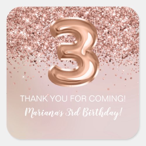 Rose Gold Kids Girl 3rd Birthday Party Favor Square Sticker