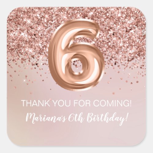 Rose Gold Kids Girl 6th Birthday Party Favor Square Sticker