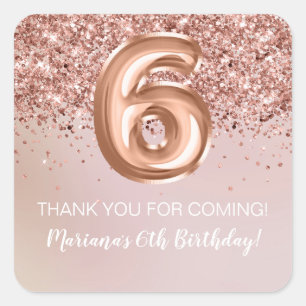 Rose Gold Kids Girl 6th Birthday Party Favor Square Sticker