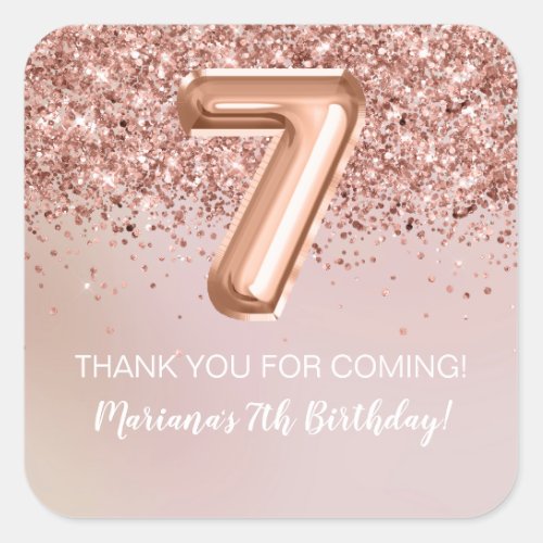 Rose Gold Kids Girl 7th Birthday Party Favor Square Sticker