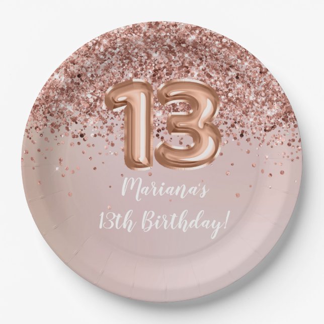  Rose Gold Kids Girly 13th Birthday Party Paper Plates (Front)