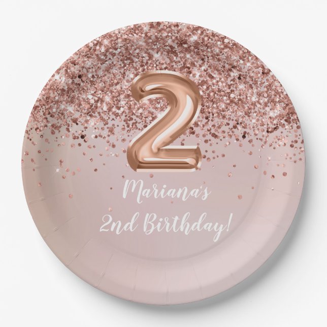  Rose Gold Kids Girly 2nd Birthday Party Paper Plates (Front)