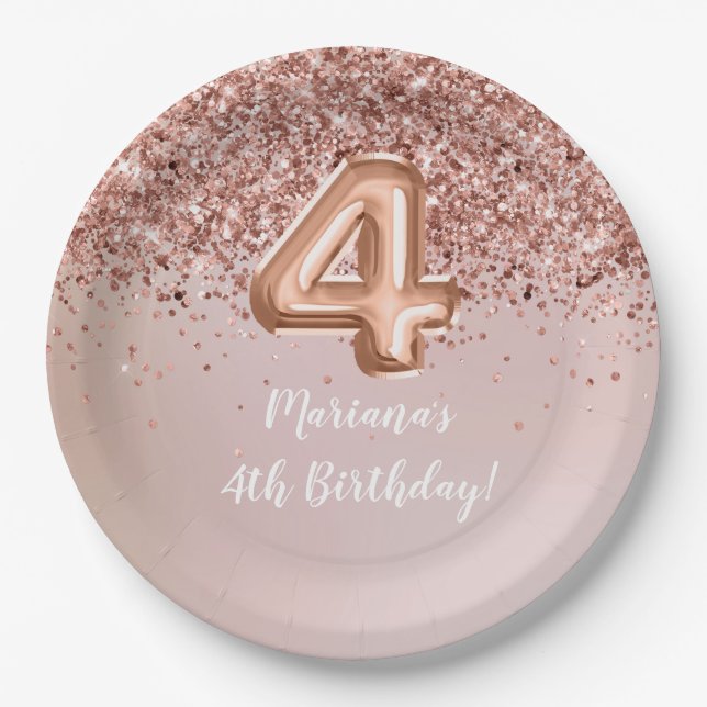  Rose Gold Kids Girly 4th Birthday Party Paper Plates (Front)