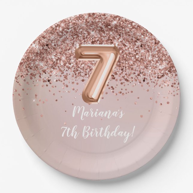  Rose Gold Kids Girly 7th Birthday Party Paper Plates (Front)