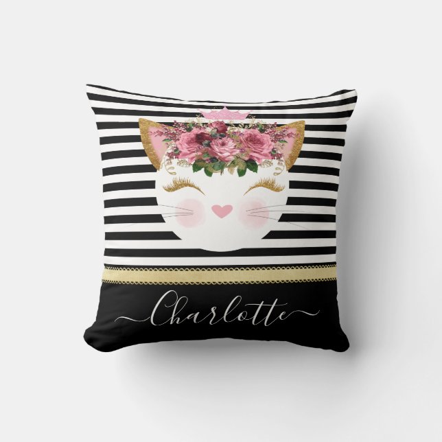 Rose gold kitty princess black white lines  throw pillow (Front)