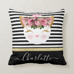 Rose gold kitty princess black white lines  throw pillow