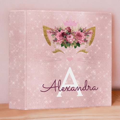 Rose Gold Kitty Sparkle Princess Monogram Name 3 Ring Binder