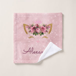 Rose Gold Kitty Sparkle Princess Monogram Name Wash Cloth