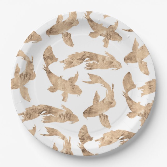 Rose gold koi fish white background  paper plates (Front)