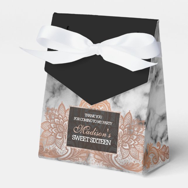 Rose Gold Lace and Marble Sweet 16 Favor Boxes (Front Side)