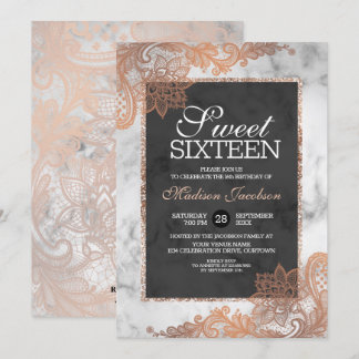 Rose Gold Lace and Marble Sweet Sixteen Party Invitation