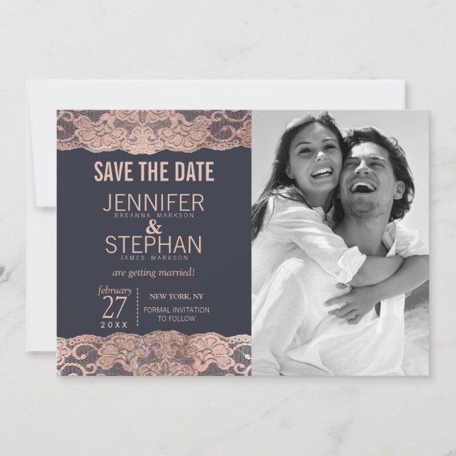 Rose Gold Lace and Navy Blue Save the Dates Date (Front)