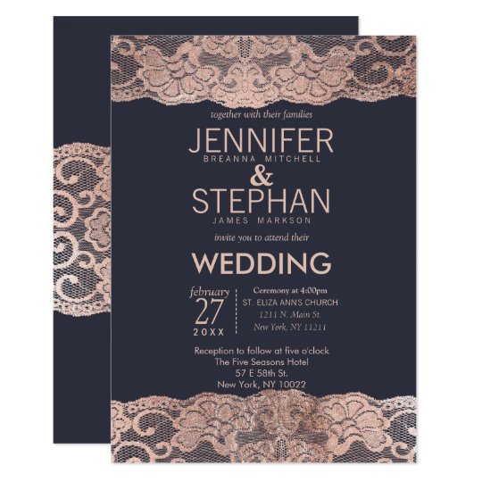 Rose Gold Lace and Navy Blue Wedding Invitations
