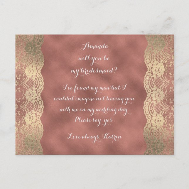 Rose Gold Lace Blush Will You Be My Bridesmaid Invitation Postcard (Front)