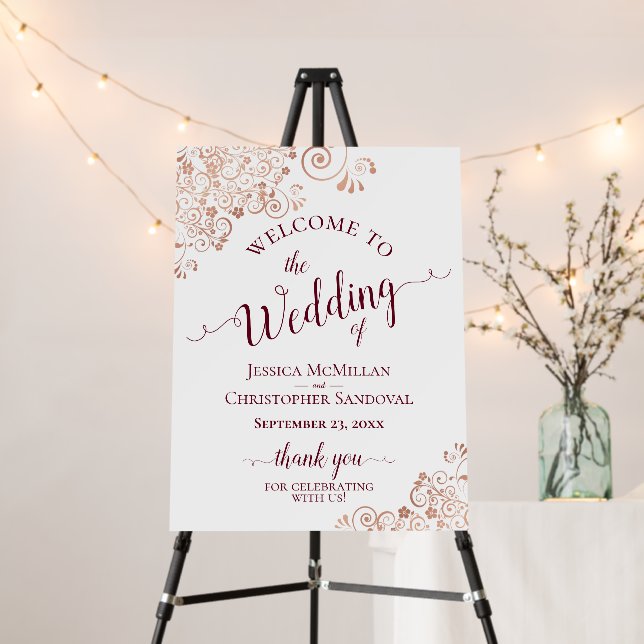 Rose Gold Lace & Burgundy Elegant Wedding Welcome Foam Board (In Situ (Stand))