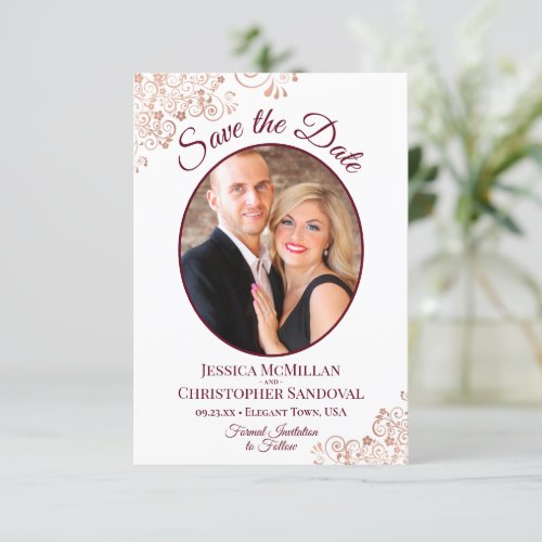 Rose Gold Lace  Burgundy Oval Photo Wedding Save The Date