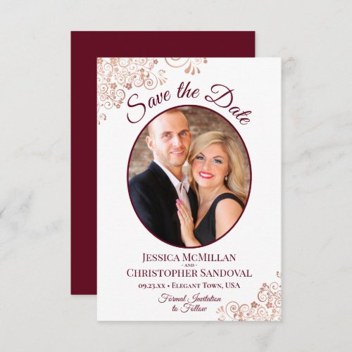 Rose Gold Lace  Burgundy Oval Photo Wedding Save The Date