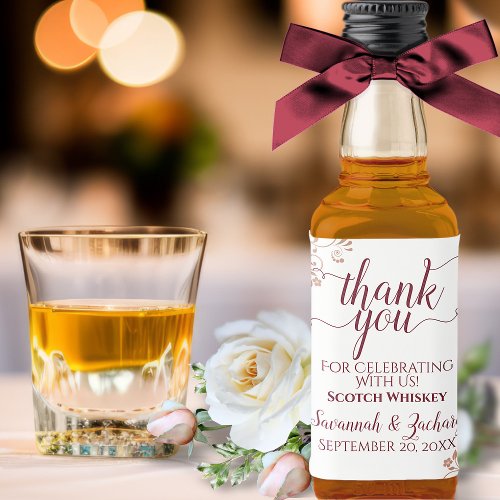Rose Gold Lace  Burgundy Wedding Thank You Mini Liquor Bottle Label