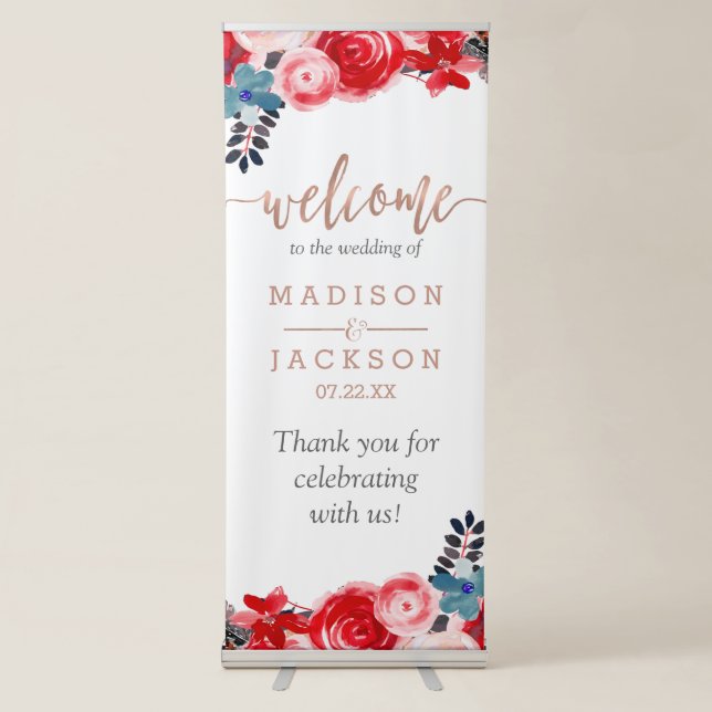 Rose Gold Lace & Floral Elegant Wedding Welcome Retractable Banner (Front)