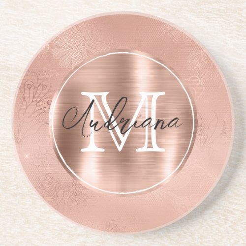 Rose Gold Lace Monogram and Name Coaster